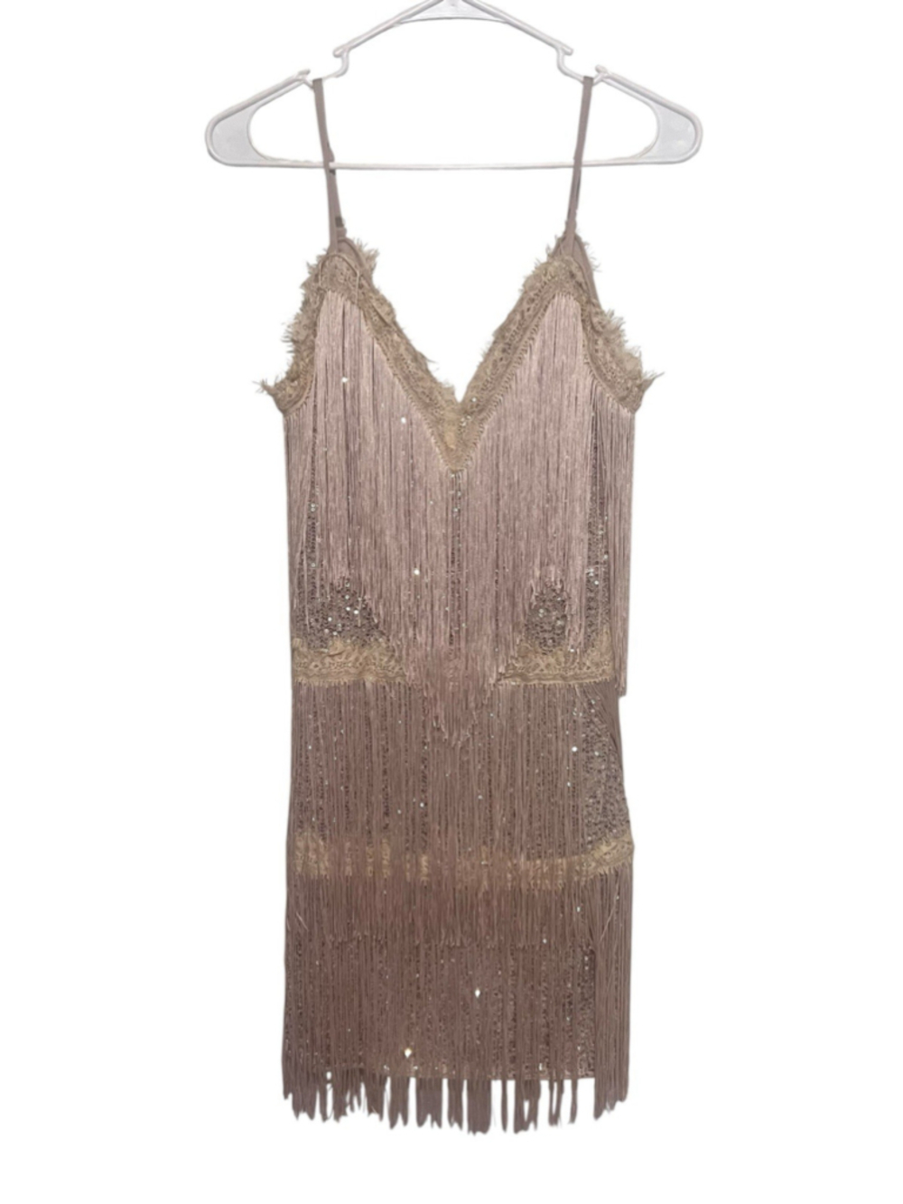 SHEIN Fringe Sequin Dress Medium Champagne Gold Flapper Gatsby Party Cocktail